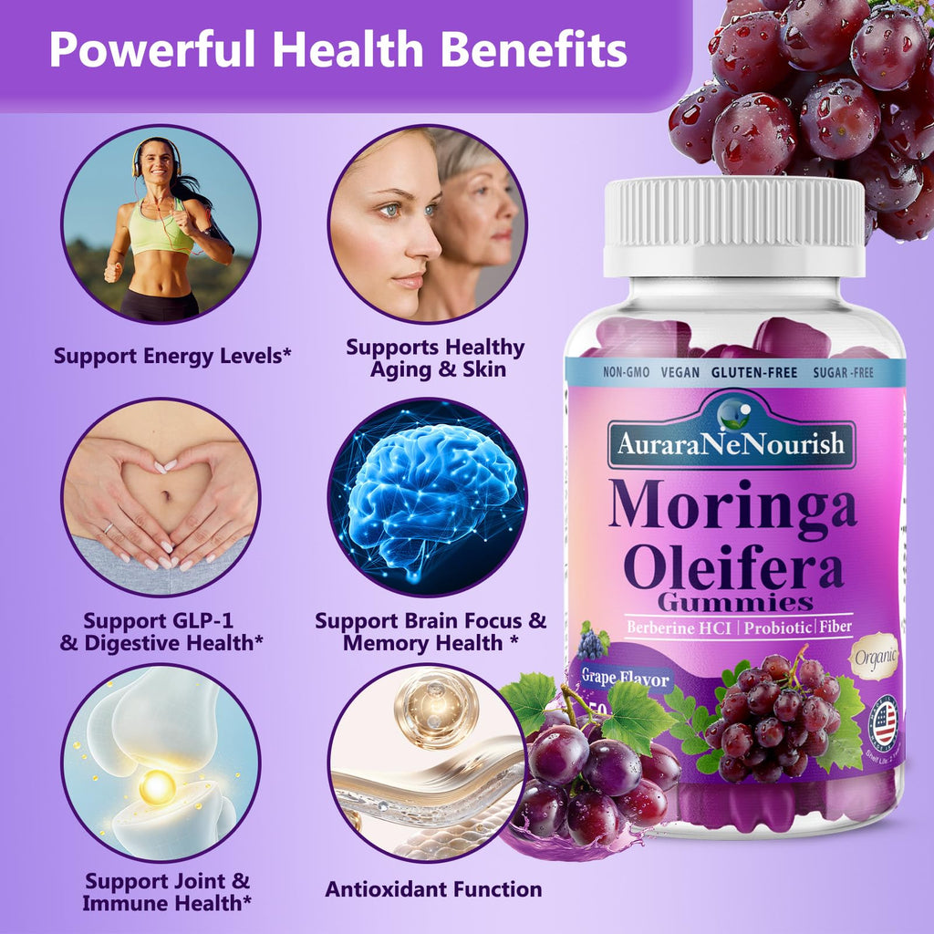 AuraraNeNourish Organic Moringa Oleifera Gummies for Women & Men, 8-in-1 Superfood Blend w. Berberine HCl & Moringa Leaf Extract for GLP-1 Support & Energy Immune Joint & Gut Health Sugar-Free - TrustMedUSA
