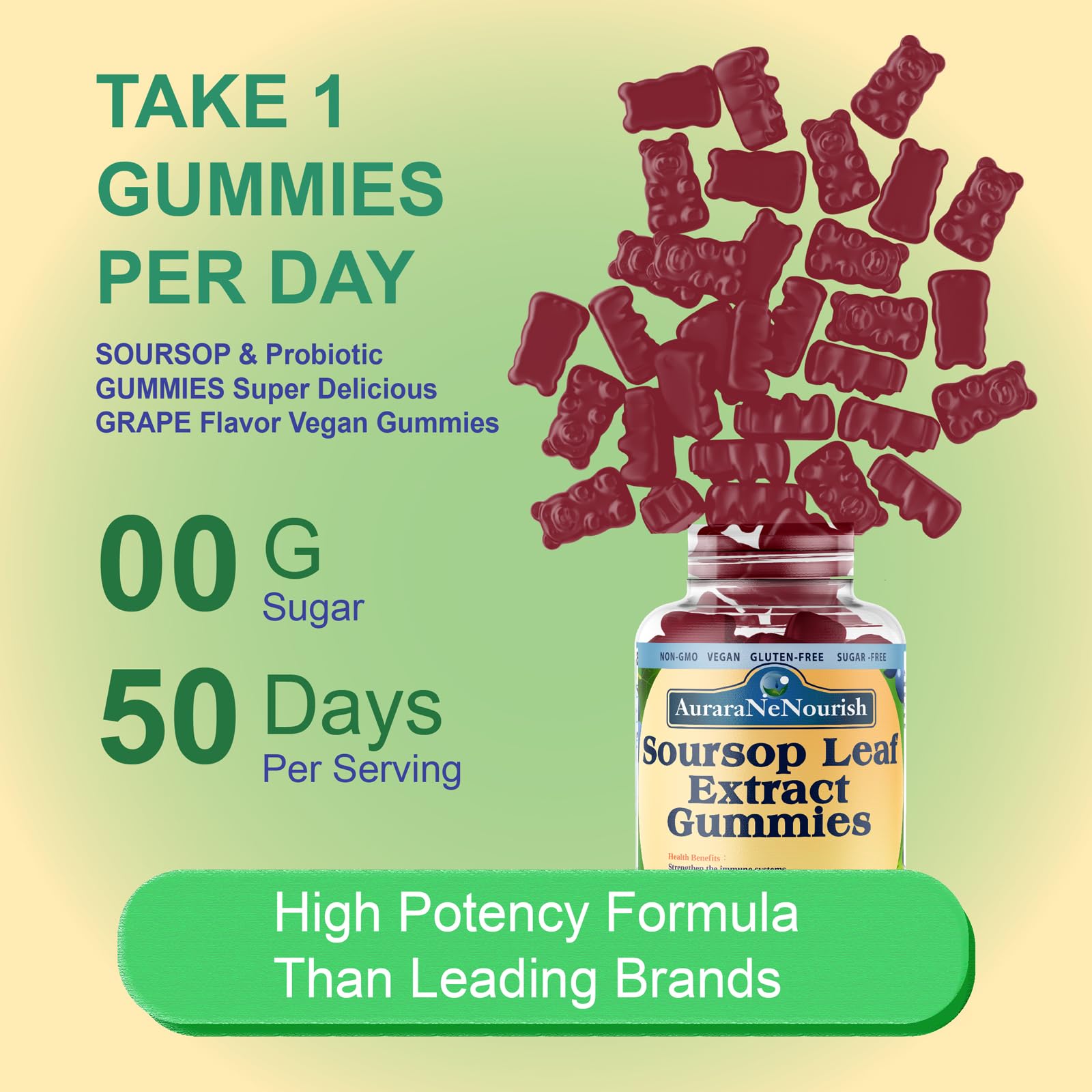 AuraraNeNourish Sugar Free Soursop Gummies with Probiotics & Fiber 100 Billion CFUs, Organic Soursop Leave Extract with Vitamin C B-Complex for Digestive Gut Health, Energy Balance, Immune Boost - TrustMedUSA