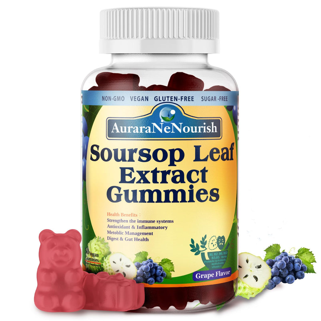 AuraraNeNourish Sugar Free Soursop Gummies with Probiotics & Fiber 100 Billion CFUs, Organic Soursop Leave Extract with Vitamin C B-Complex for Digestive Gut Health, Energy Balance, Immune Boost - TrustMedUSA