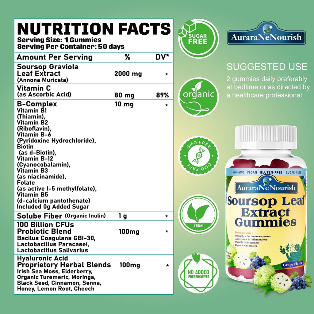 AuraraNeNourish Sugar Free Soursop Gummies with Probiotics & Fiber 100 Billion CFUs, Organic Soursop Leave Extract with Vitamin C B-Complex for Digestive Gut Health, Energy Balance, Immune Boost - TrustMedUSA