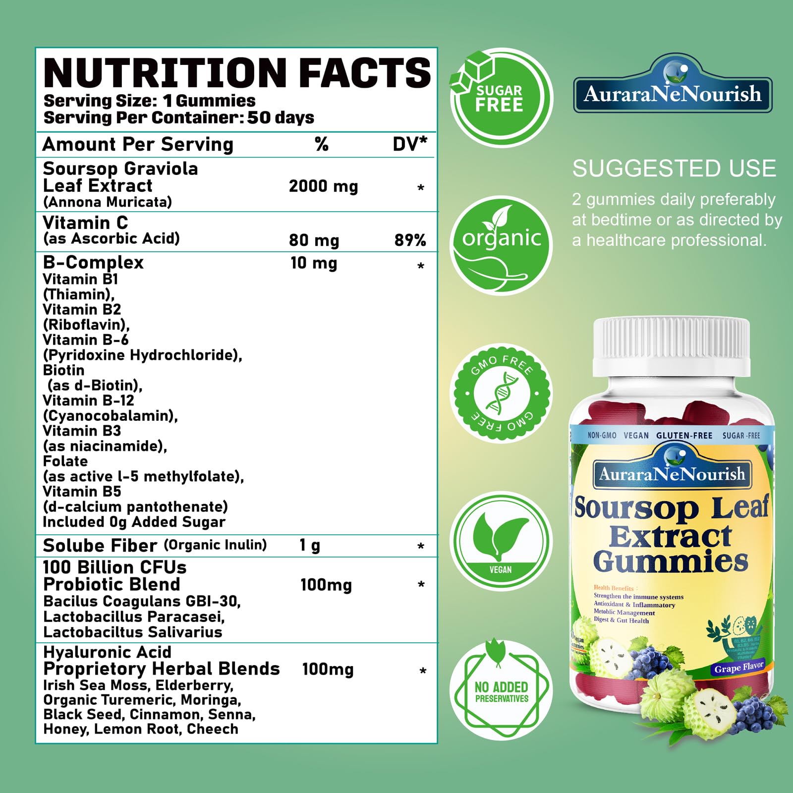 AuraraNeNourish Sugar Free Soursop Gummies with Probiotics & Fiber 100 Billion CFUs, Organic Soursop Leave Extract with Vitamin C B-Complex for Digestive Gut Health, Energy Balance, Immune Boost - TrustMedUSA