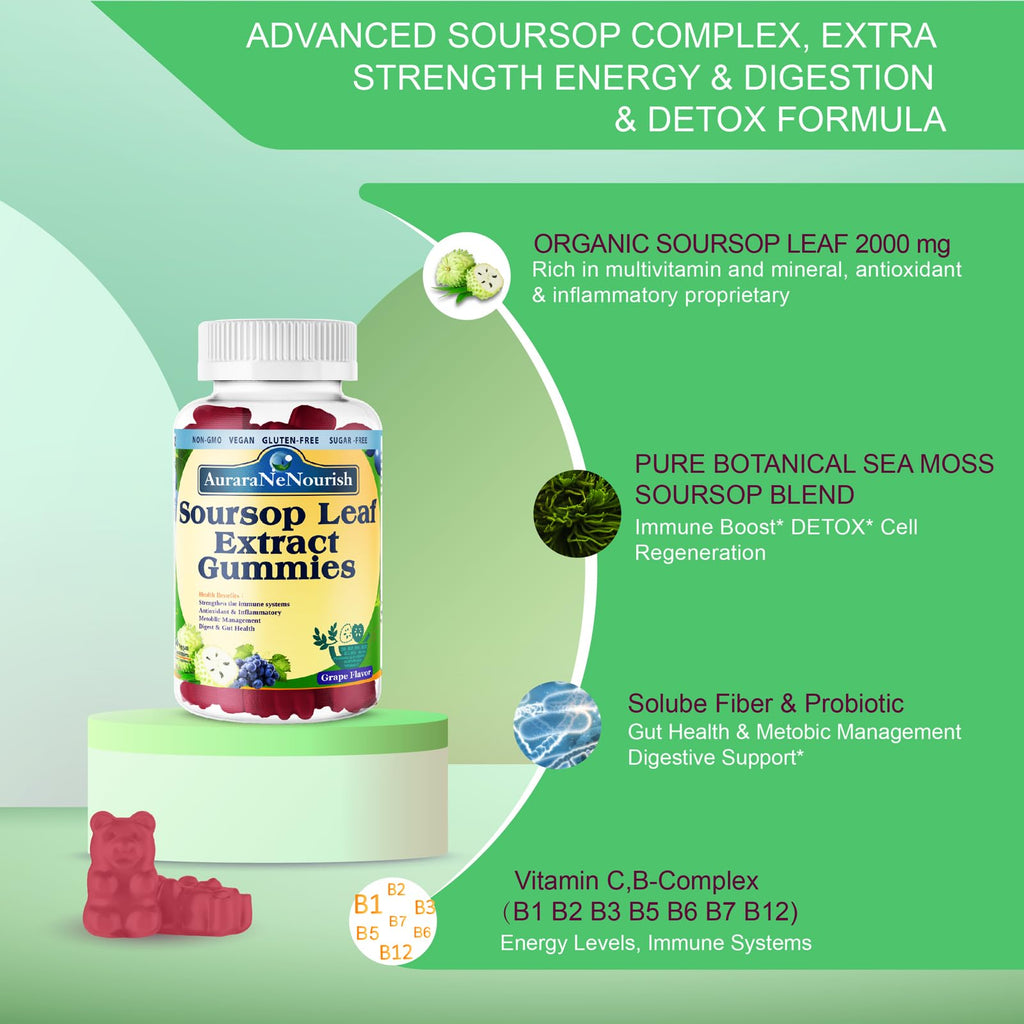 AuraraNeNourish Sugar Free Soursop Gummies with Probiotics & Fiber 100 Billion CFUs, Organic Soursop Leave Extract with Vitamin C B-Complex for Digestive Gut Health, Energy Balance, Immune Boost - TrustMedUSA