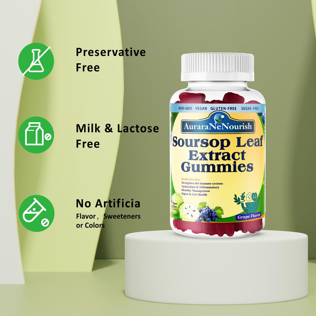 AuraraNeNourish Sugar Free Soursop Gummies with Probiotics & Fiber 100 Billion CFUs, Organic Soursop Leave Extract with Vitamin C B-Complex for Digestive Gut Health, Energy Balance, Immune Boost - TrustMedUSA