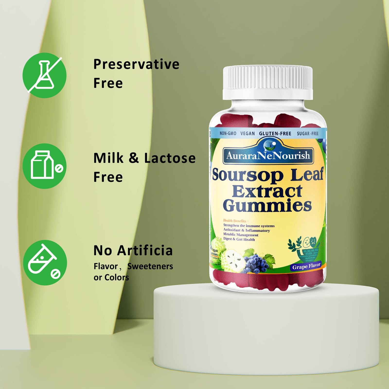 AuraraNeNourish Sugar Free Soursop Gummies with Probiotics & Fiber 100 Billion CFUs, Organic Soursop Leave Extract with Vitamin C B-Complex for Digestive Gut Health, Energy Balance, Immune Boost - TrustMedUSA