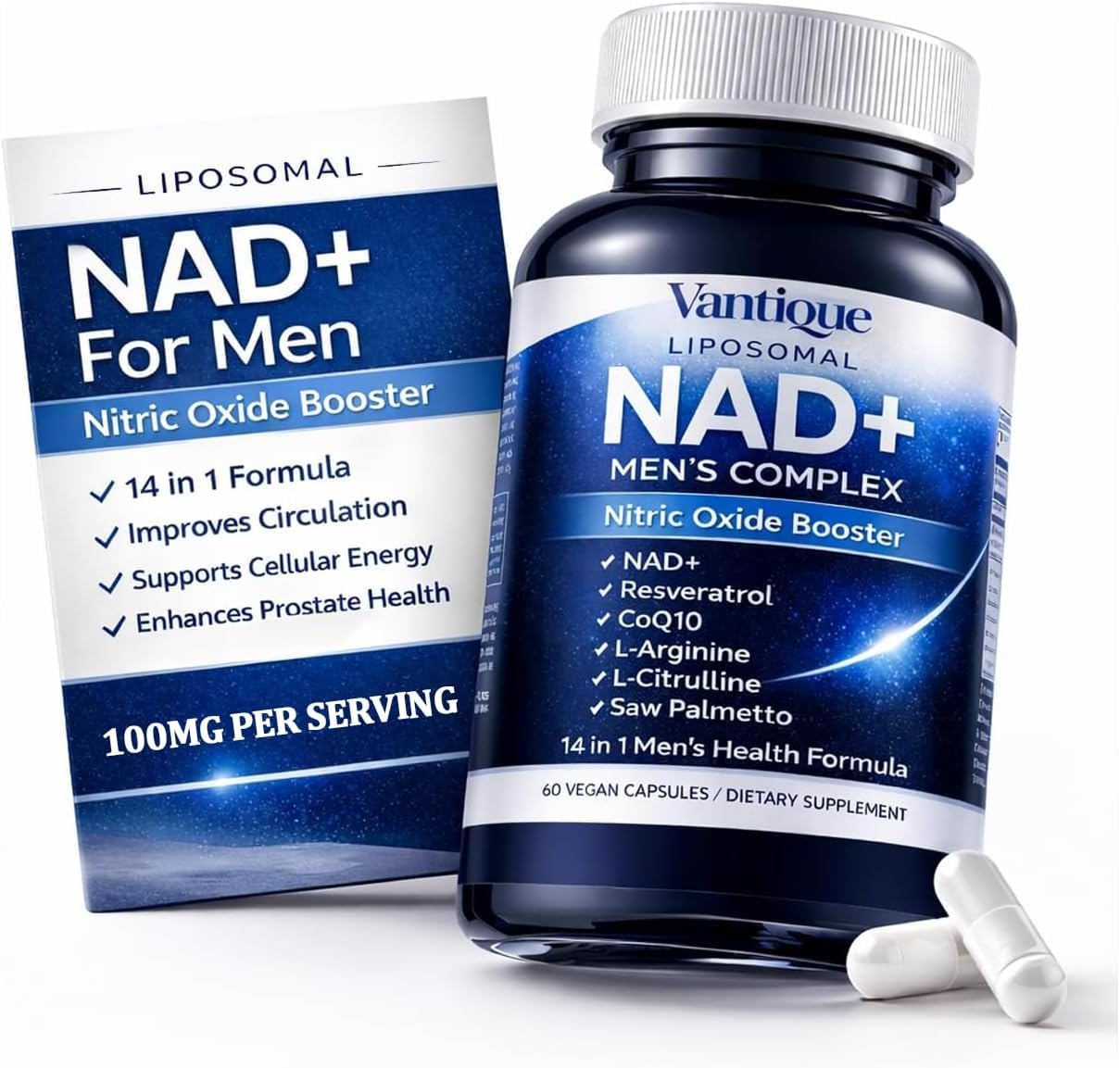 Aureph Vantique Men's NAD+ Supplement with Resveratrol, CoQ10, L-Citrulline & Lycopene - Nitric Oxide Support, Prostate Care, Anti-Aging, Stamina & Cellular Energy Boost 60 Capsules - TrustMedUSA