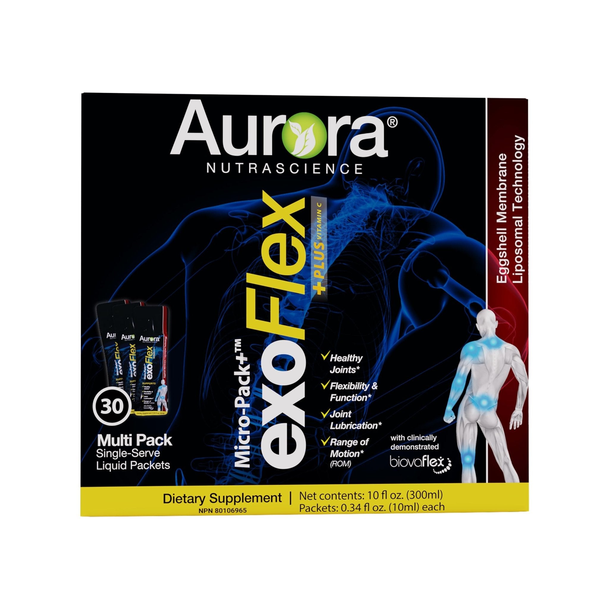Aurora Nutrascience Micro-Pack Liposomal exoFlex+ - Liquid Vitamin C Supplement, Eggshell Membrane with BiovaFlex, Curcumin, & Boswellia, for Men & Women - 30 Single-Serve Packets - TrustMedUSA