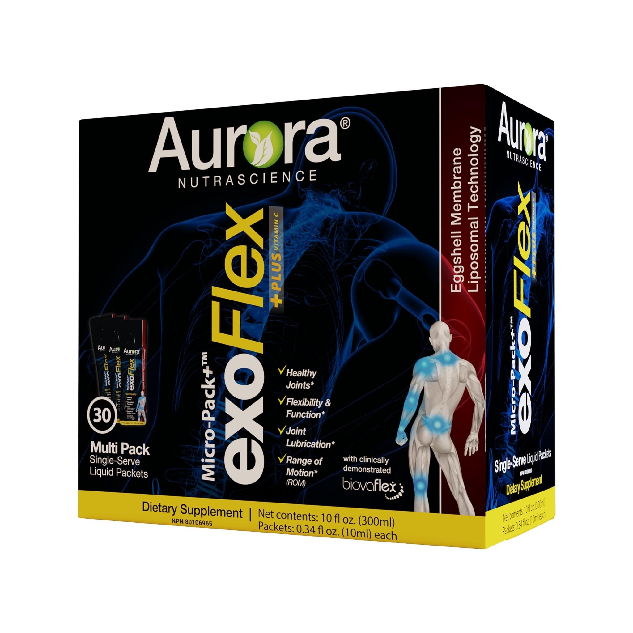 Aurora Nutrascience Micro-Pack Liposomal exoFlex+ - Liquid Vitamin C Supplement, Eggshell Membrane with BiovaFlex, Curcumin, & Boswellia, for Men & Women - 30 Single-Serve Packets - TrustMedUSA