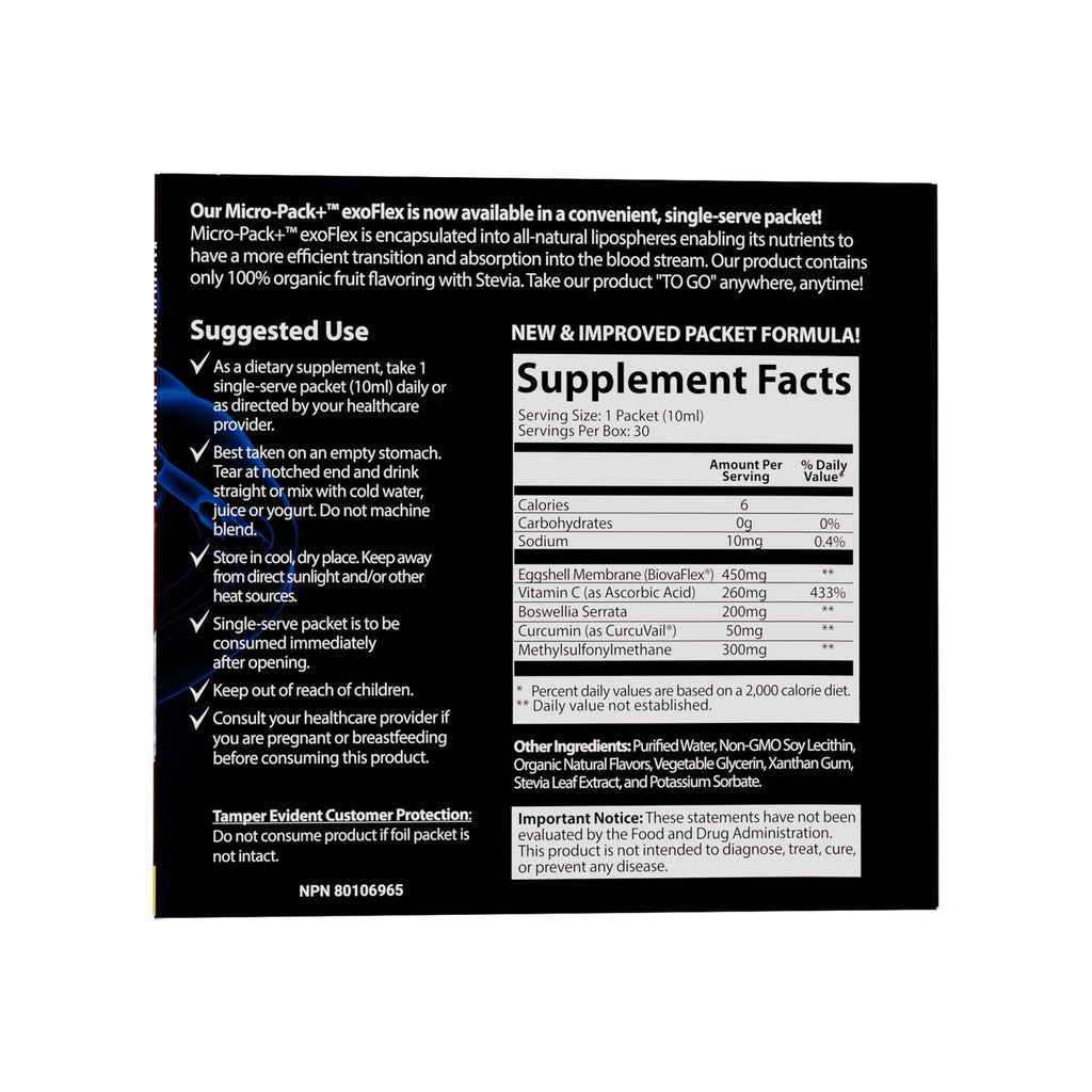 Aurora Nutrascience Micro-Pack Liposomal exoFlex+ - Liquid Vitamin C Supplement, Eggshell Membrane with BiovaFlex, Curcumin, & Boswellia, for Men & Women - 30 Single-Serve Packets - TrustMedUSA