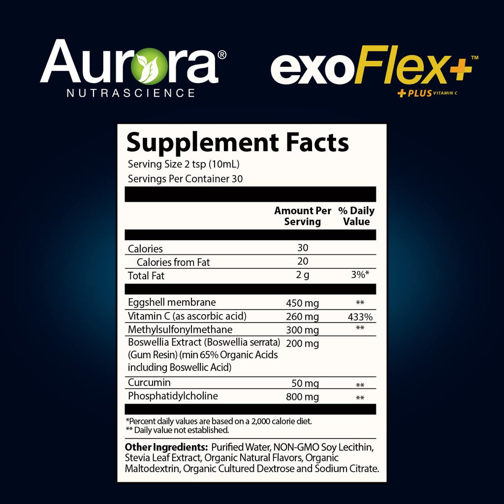 Aurora Nutrascience Micro-Pack Liposomal exoFlex+ with Vitamin C, Supports Joint Flexibility & Function, BiovaFlex Eggshell Membrane, Curcumin & Boswellia, Strwaberry Flavor, 30 Servings, 10 fl oz - TrustMedUSA