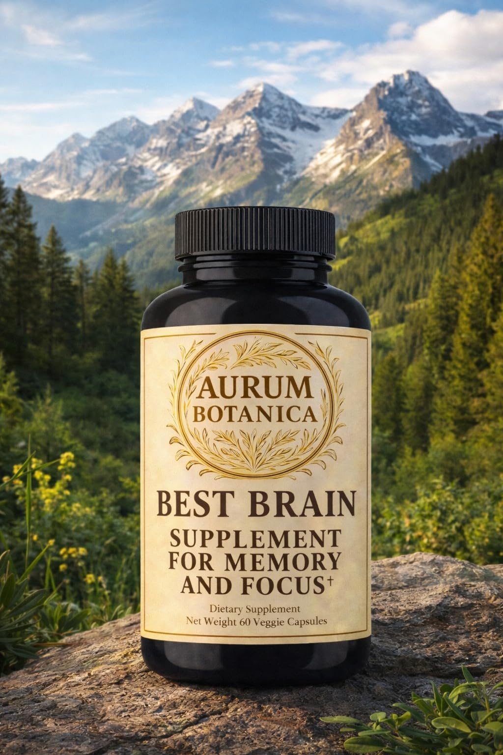AURUM BOTANICA Best Brain Supplement for Memory and Focus - L-Theanine, Lion's Main, Vitamin B6, B12, D3, Folate, L-Tyrosine, Bacopa Monnieri, Alpha GPC, Theacrine, 30mg of Natural Caffeine (60 Count) - TrustMedUSA