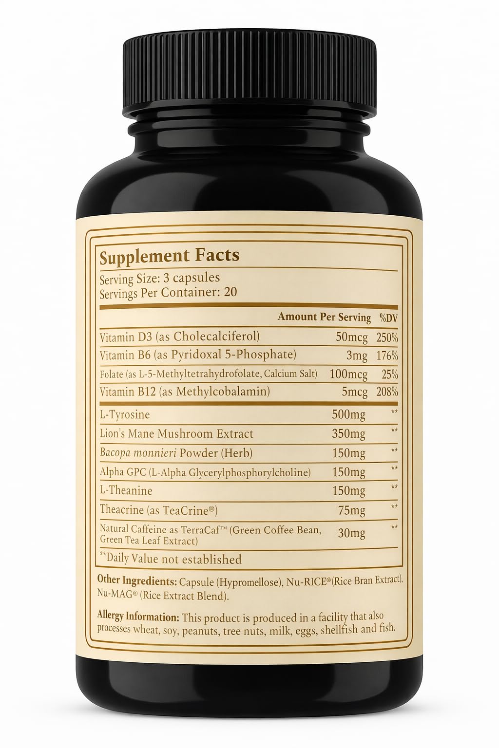 AURUM BOTANICA Best Brain Supplement for Memory and Focus - L-Theanine, Lion's Main, Vitamin B6, B12, D3, Folate, L-Tyrosine, Bacopa Monnieri, Alpha GPC, Theacrine, 30mg of Natural Caffeine (60 Count) - TrustMedUSA