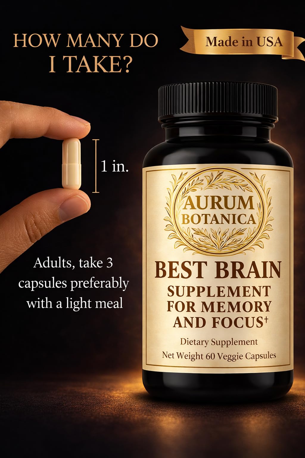 AURUM BOTANICA Best Brain Supplement for Memory and Focus - L-Theanine, Lion's Main, Vitamin B6, B12, D3, Folate, L-Tyrosine, Bacopa Monnieri, Alpha GPC, Theacrine, 30mg of Natural Caffeine (60 Count) - TrustMedUSA