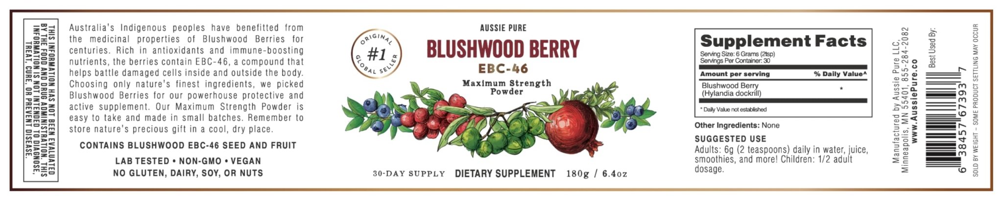 Aussie Pure Blushwood Berry Powder EBC-46 - Maximum Strength Immune and Cell Support - Contains The Fruit and Seed - 180g/6.4oz Per Container - TrustMedUSA