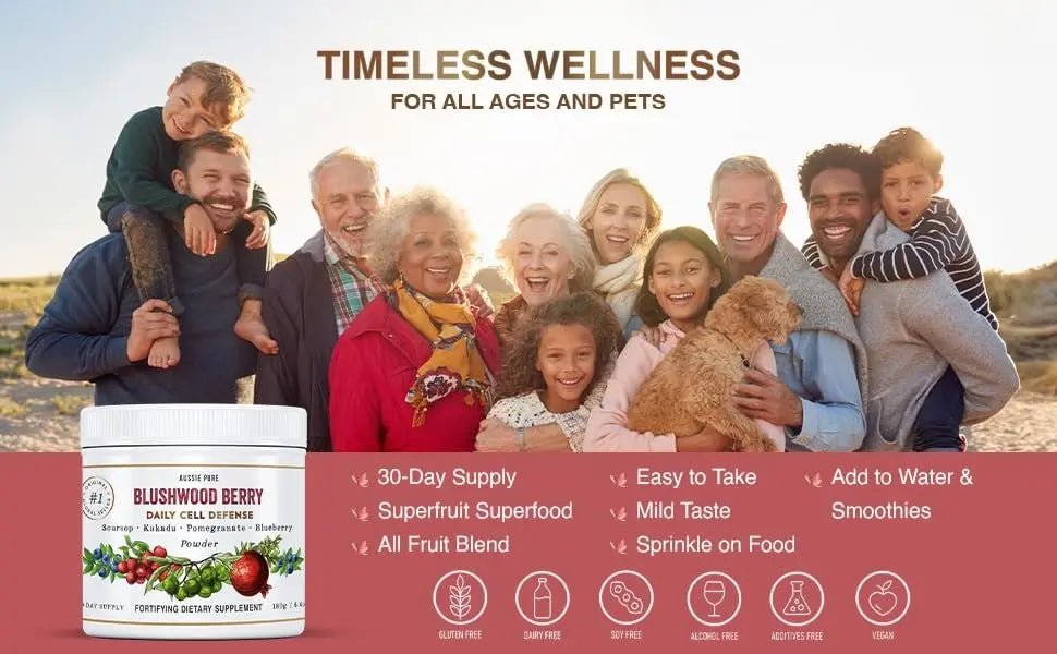 Aussie Pure Blushwood Berry Superfruit Daily Cell Defense - Soursop - Kakadu Plum - Pomegranate - Blueberry - Immune and Cell Support Powder - All Ages - Lab Tested and Authenticated - 180g/6.4oz - TrustMedUSA