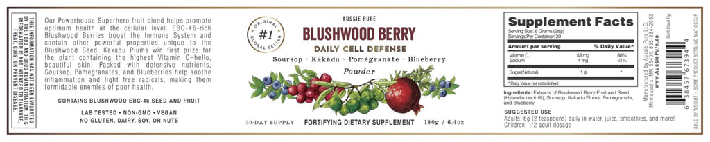 Aussie Pure Blushwood Berry Superfruit Daily Cell Defense - Soursop - Kakadu Plum - Pomegranate - Blueberry - Immune and Cell Support Powder - All Ages - Lab Tested and Authenticated - 180g/6.4oz - TrustMedUSA