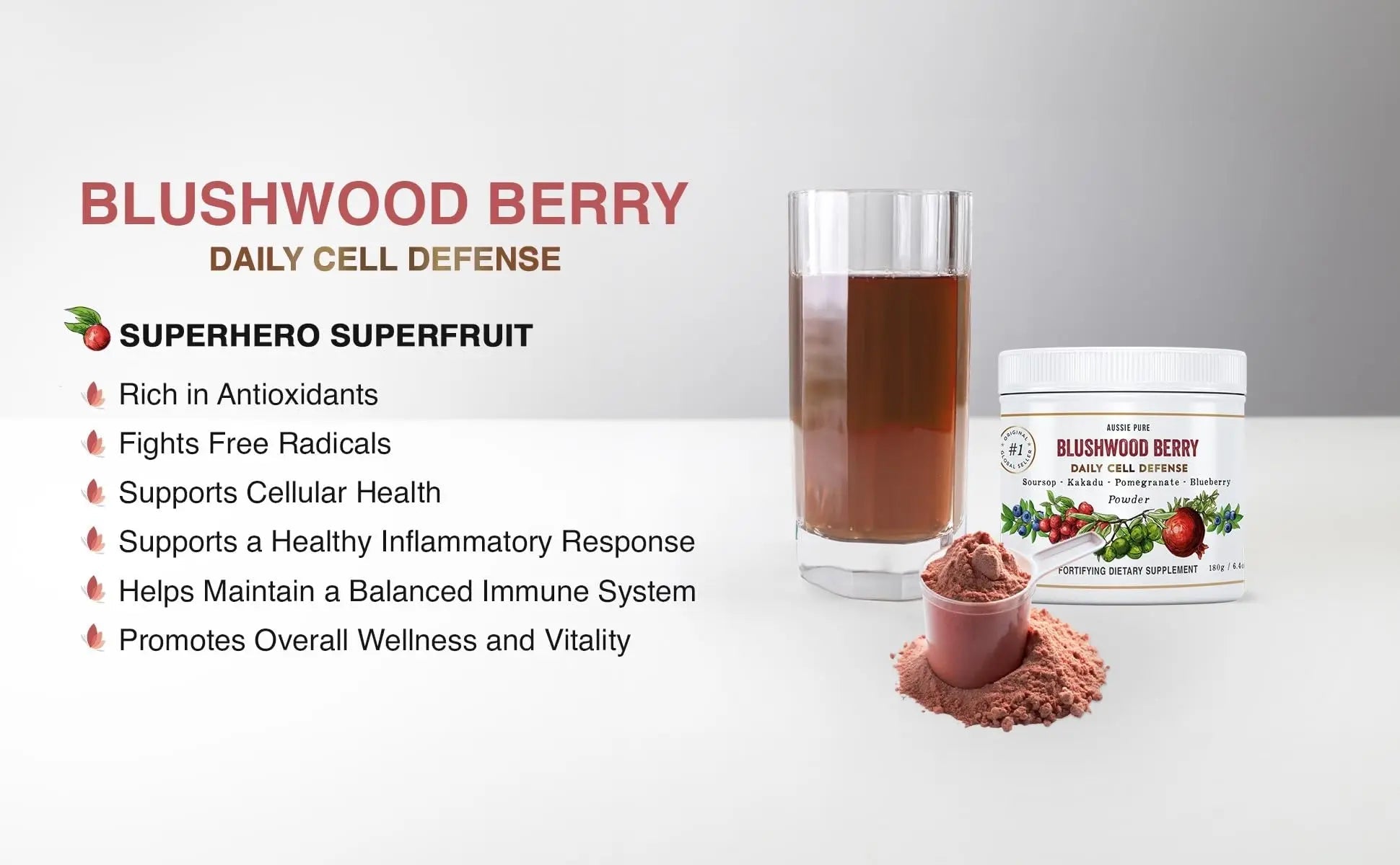 Aussie Pure Blushwood Berry Superfruit Daily Cell Defense - Soursop - Kakadu Plum - Pomegranate - Blueberry - Immune and Cell Support Powder - All Ages - Lab Tested and Authenticated - 180g/6.4oz - TrustMedUSA