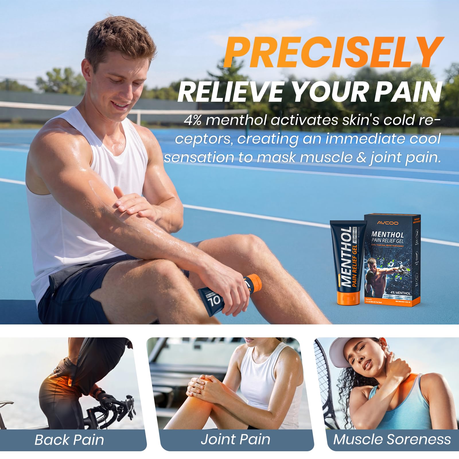 AVCOO 4% Menthol Pain Relief Gel, Cooling Sensation for Arthritis, Knees, Joint, Sore Muscle, Neck, Shoulder and Lower Back Pain Relief, Grease-Free Gel, 2 Packs (3 OZ Per Pack) - TrustMedUSA