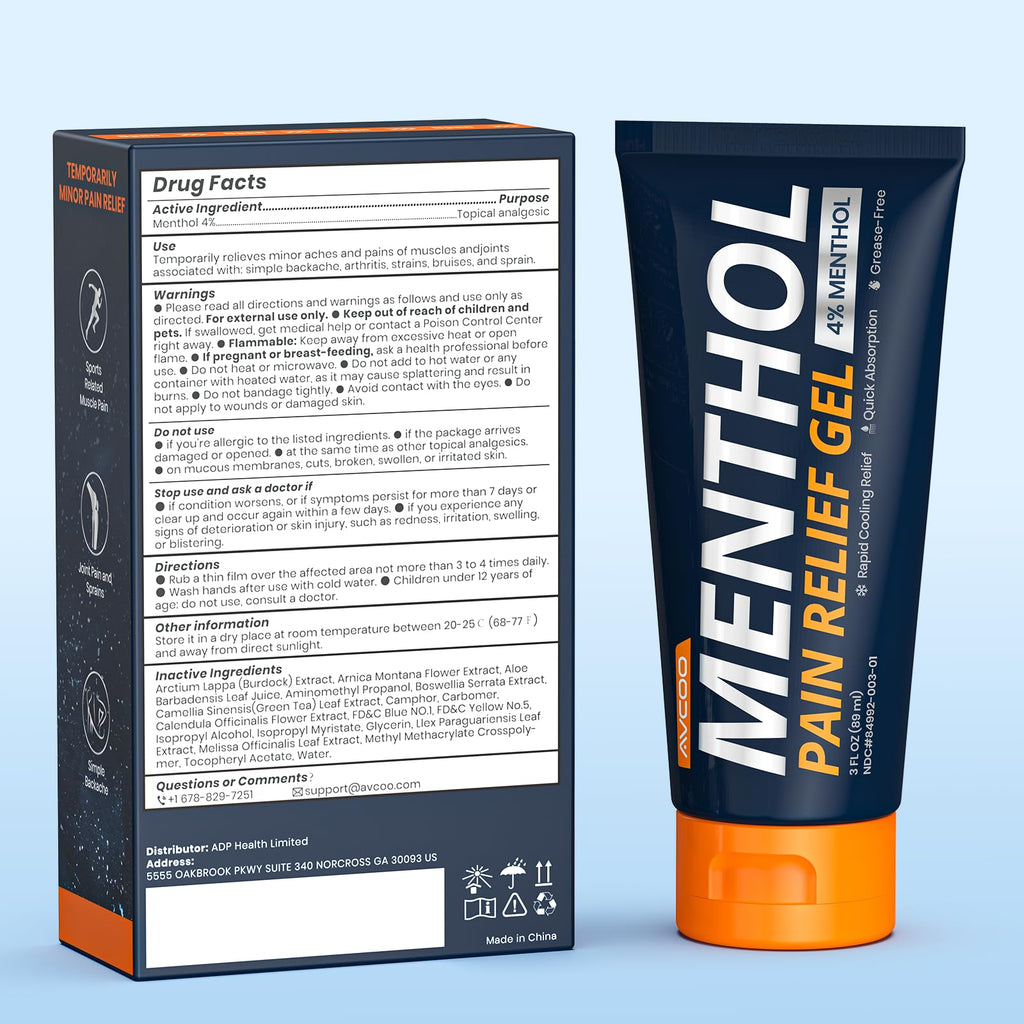 AVCOO 4% Menthol Pain Relief Gel, Cooling Sensation for Arthritis, Knees, Joint, Sore Muscle, Neck, Shoulder and Lower Back Pain Relief, Grease-Free Gel, 2 Packs (3 OZ Per Pack) - TrustMedUSA