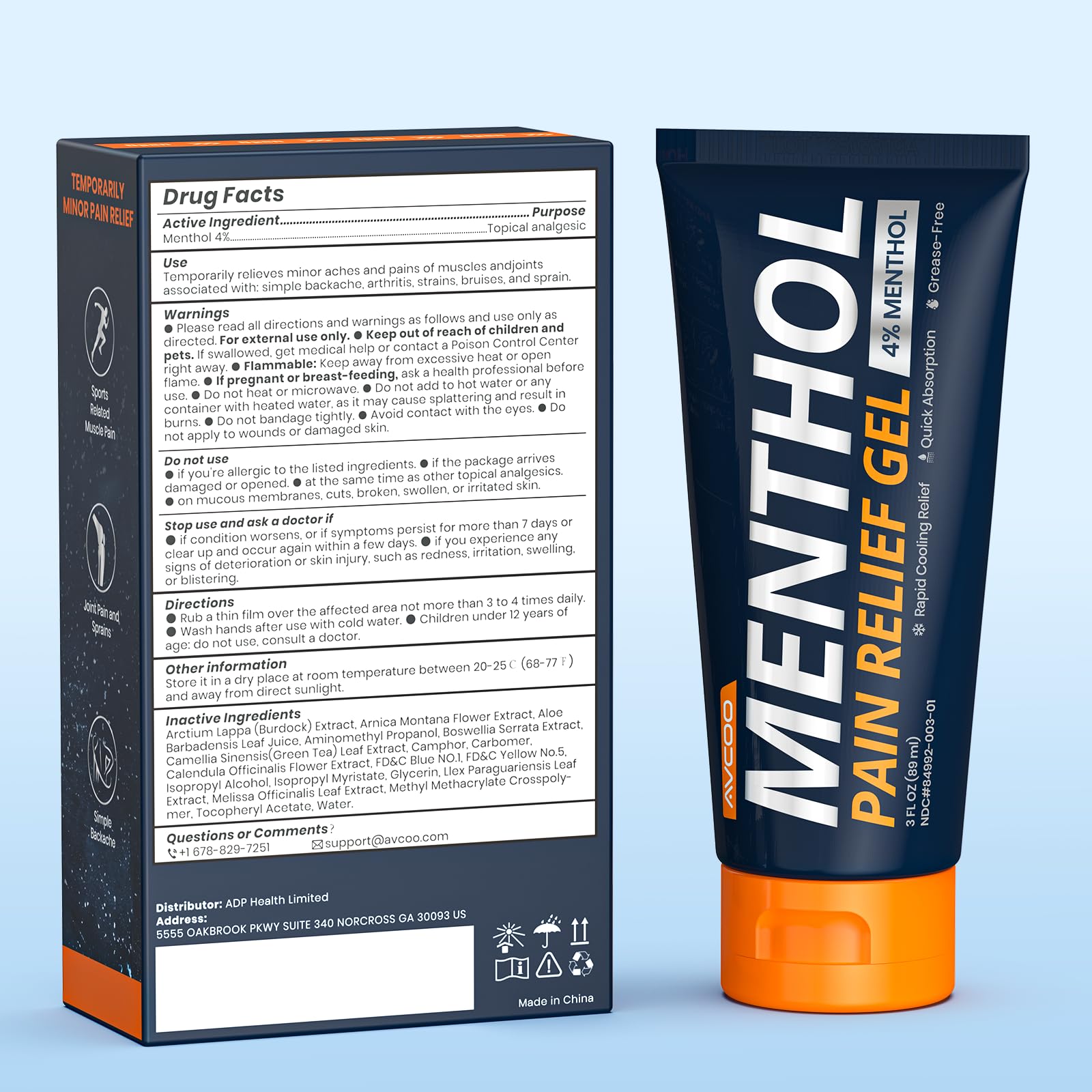 AVCOO 4% Menthol Pain Relief Gel, Cooling Sensation for Arthritis, Knees, Joint, Sore Muscle, Neck, Shoulder and Lower Back Pain Relief, Grease-Free Gel, 2 Packs (3 OZ Per Pack) - TrustMedUSA