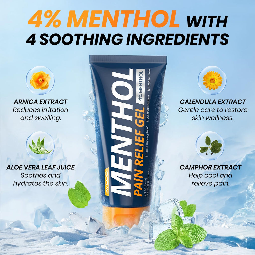 AVCOO 4% Menthol Pain Relief Gel, Cooling Sensation for Arthritis, Knees, Joint, Sore Muscle, Neck, Shoulder and Lower Back Pain Relief, Grease-Free Gel, 2 Packs (3 OZ Per Pack) - TrustMedUSA