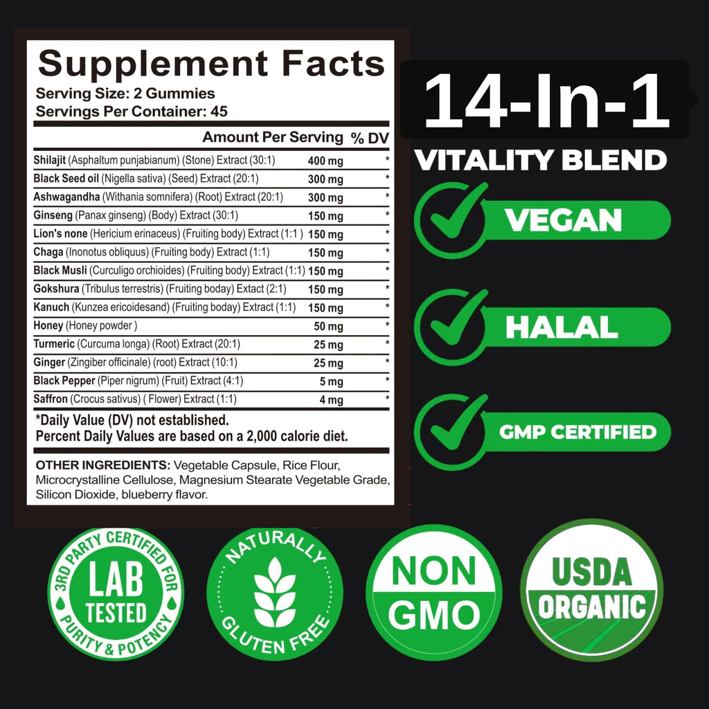 AyBet Organic Himalayan Shilajit Gold Gummies for Men and Women, Black Seed Oil, Ashwagandha, Ginseng, Turmeric, Gokshura, Lion's None, Lab Tested,%75 Fulvic Acid, No Sugar Added, Halal, 90Gummy - TrustMedUSA