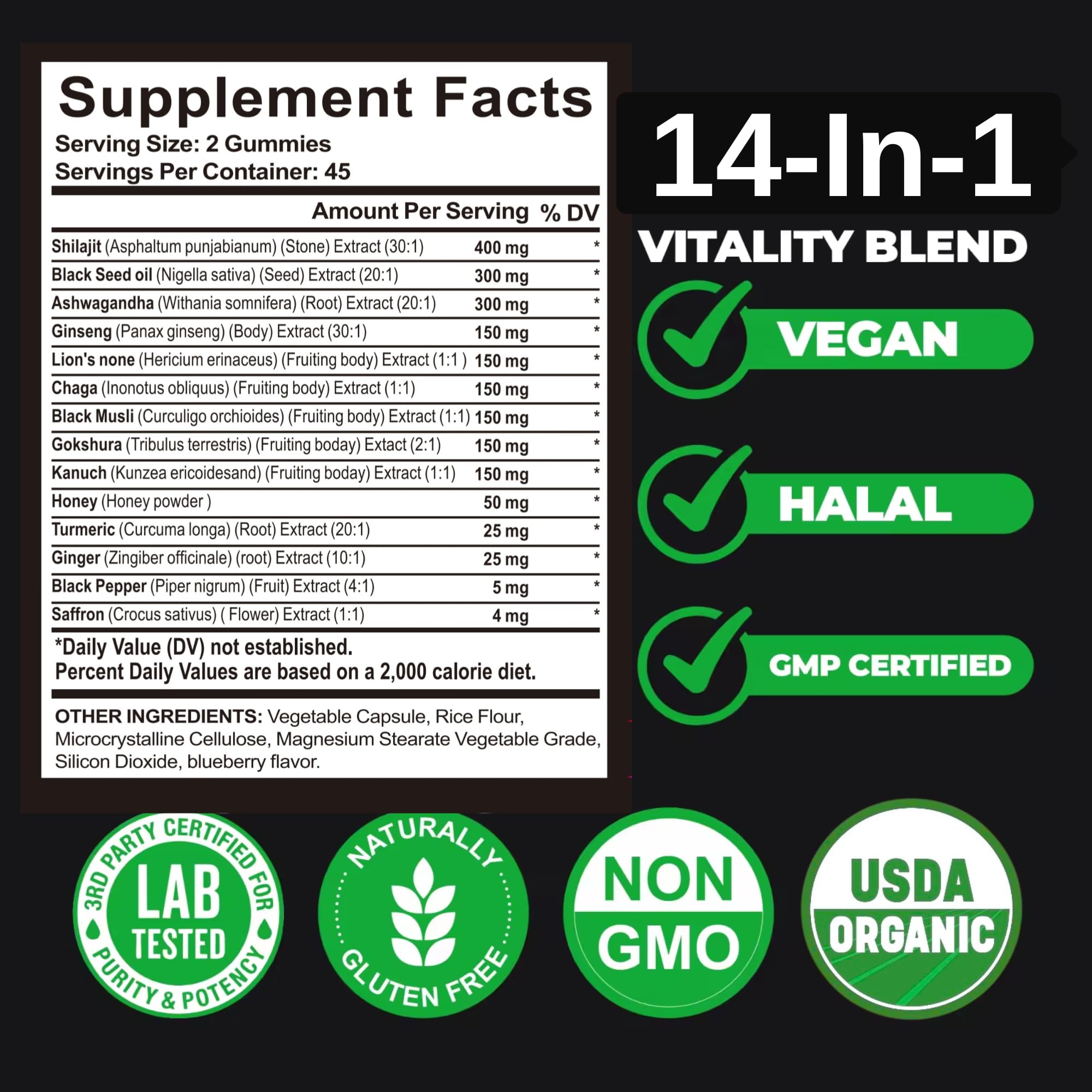 AyBet Organic Himalayan Shilajit Gold Gummies for Men and Women, Black Seed Oil, Ashwagandha, Ginseng, Turmeric, Gokshura, Lion's None, Lab Tested,%75 Fulvic Acid, No Sugar Added, Halal, 90Gummy - TrustMedUSA