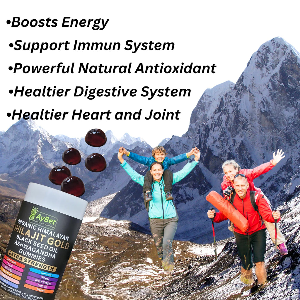 AyBet Organic Himalayan Shilajit Gold Gummies for Men and Women, Black Seed Oil, Ashwagandha, Ginseng, Turmeric, Gokshura, Lion's None, Lab Tested,%75 Fulvic Acid, No Sugar Added, Halal, 90Gummy - TrustMedUSA