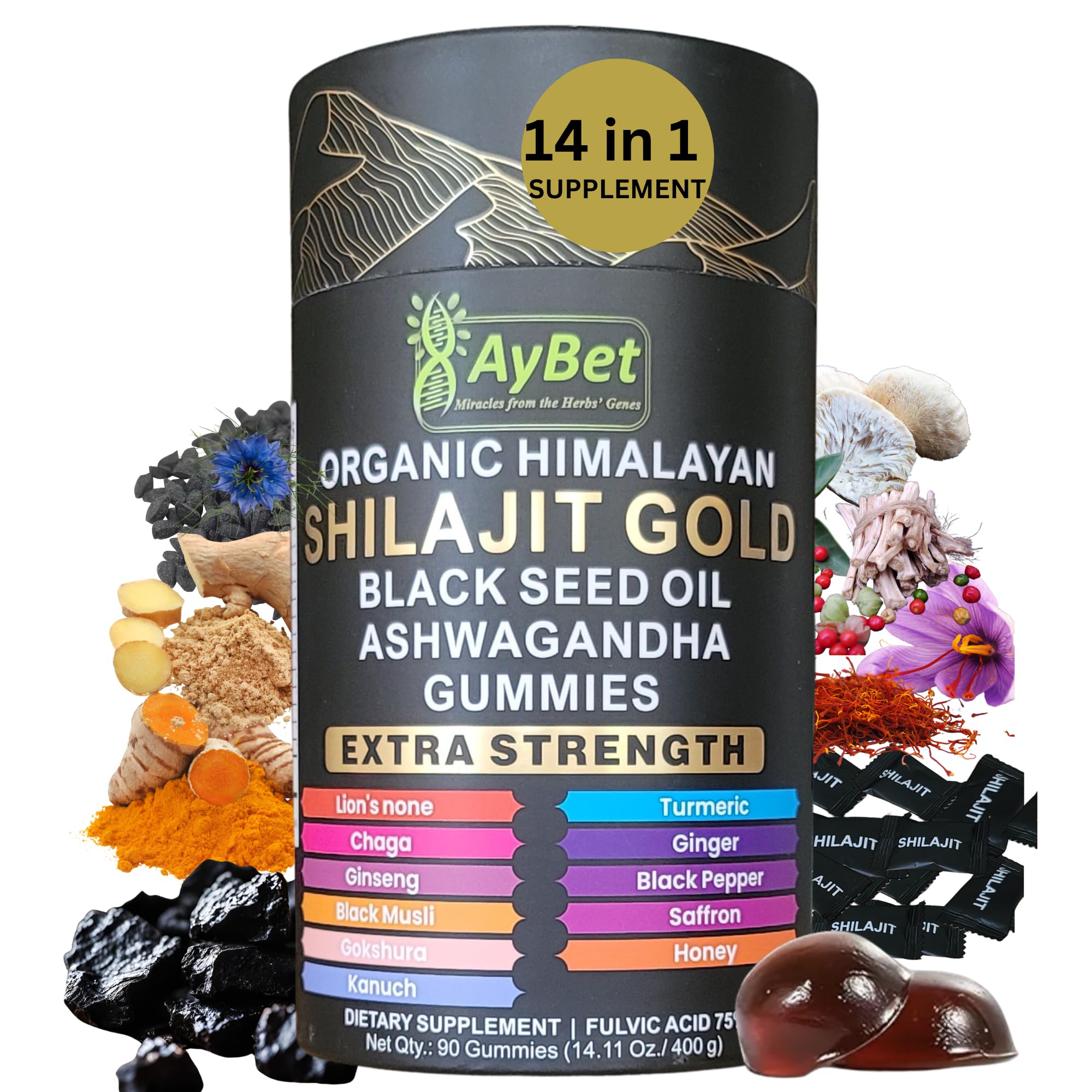 AyBet Organic Himalayan Shilajit Gold Gummies for Men and Women, Black Seed Oil, Ashwagandha, Ginseng, Turmeric, Gokshura, Lion's None, Lab Tested,%75 Fulvic Acid, No Sugar Added, Halal, 90Gummy - TrustMedUSA