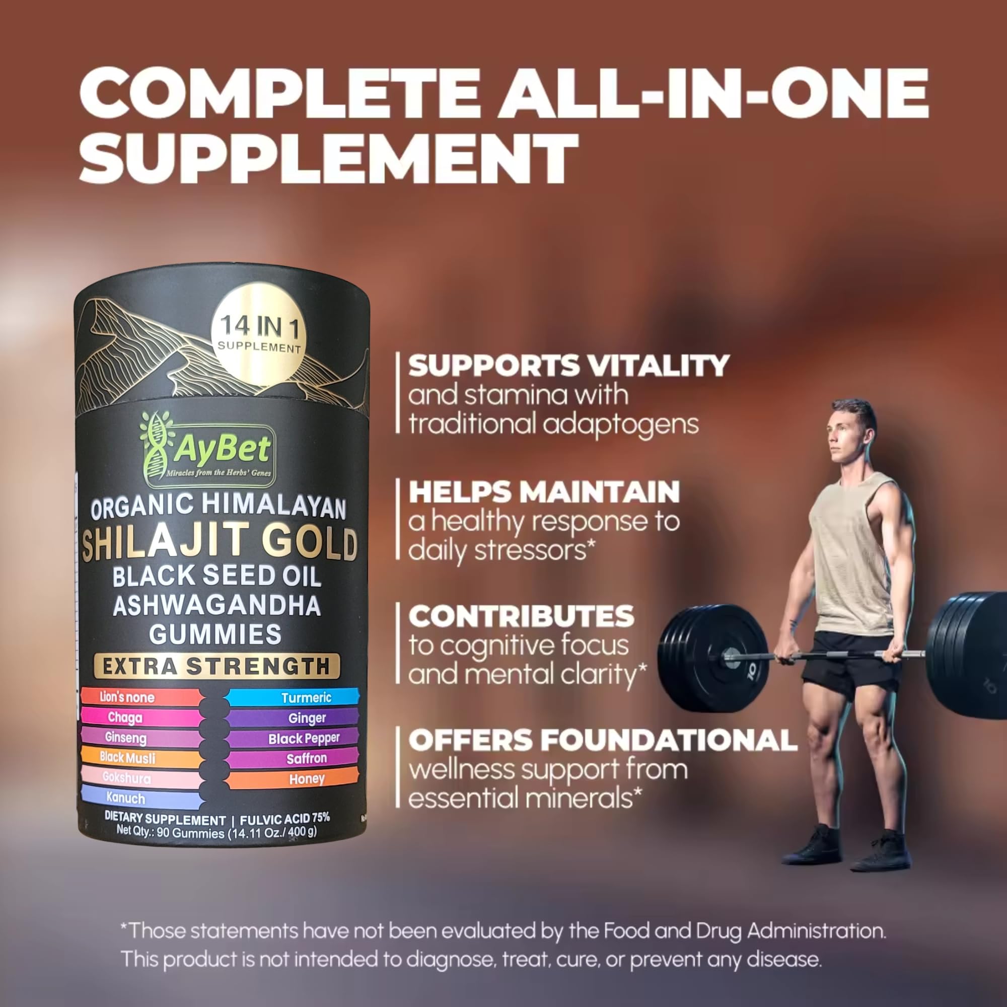 AyBet Organic Himalayan Shilajit Gold Gummies for Men and Women, Black Seed Oil, Ashwagandha, Ginseng, Turmeric, Gokshura, Lion's None, Lab Tested,%75 Fulvic Acid, No Sugar Added, Halal, 90Gummy - TrustMedUSA