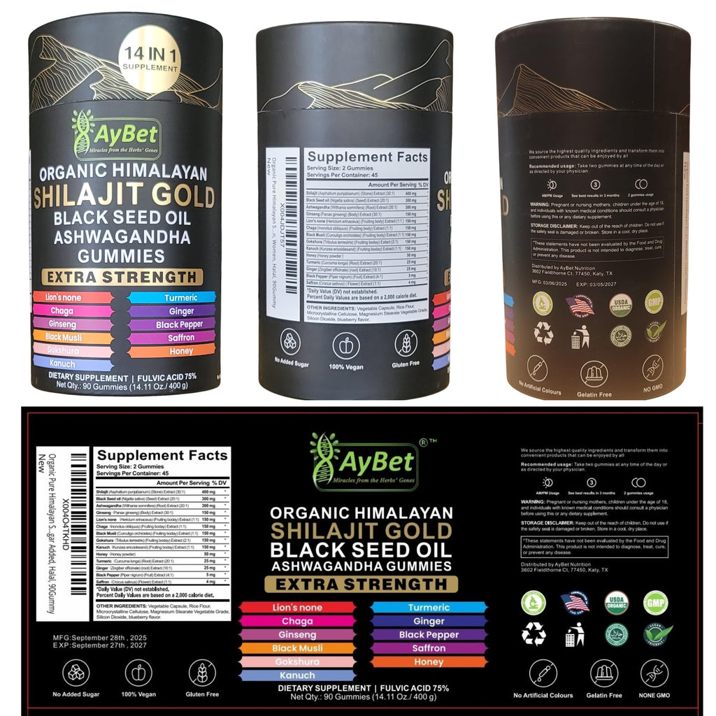 AyBet Organic Himalayan Shilajit Gold Gummies for Men and Women, Black Seed Oil, Ashwagandha, Ginseng, Turmeric, Gokshura, Lion's None, Lab Tested,%75 Fulvic Acid, No Sugar Added, Halal, 90Gummy - TrustMedUSA