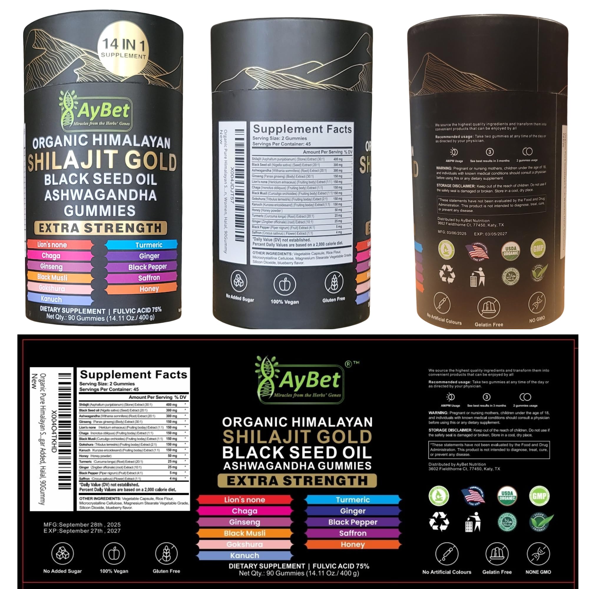 AyBet Organic Himalayan Shilajit Gold Gummies for Men and Women, Black Seed Oil, Ashwagandha, Ginseng, Turmeric, Gokshura, Lion's None, Lab Tested,%75 Fulvic Acid, No Sugar Added, Halal, 90Gummy - TrustMedUSA