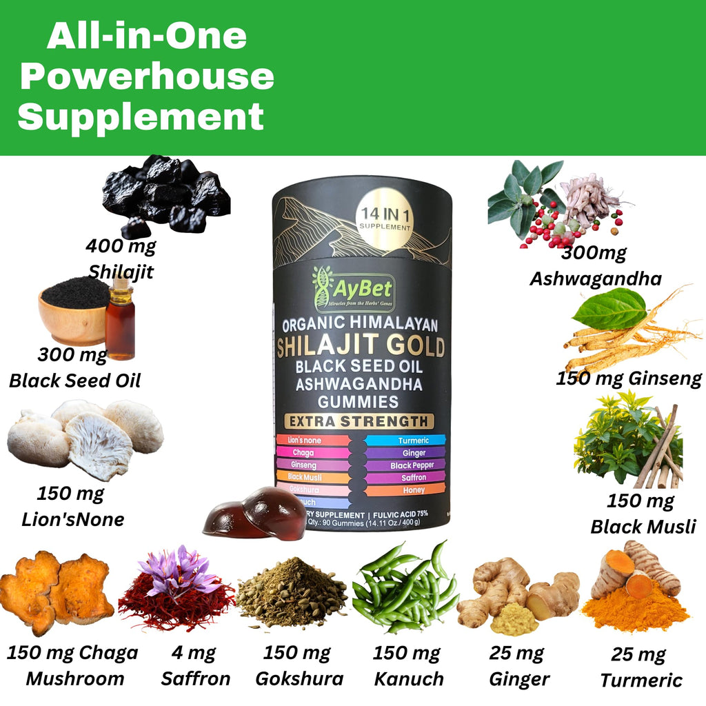 AyBet Organic Himalayan Shilajit Gold Gummies for Men and Women, Black Seed Oil, Ashwagandha, Ginseng, Turmeric, Gokshura, Lion's None, Lab Tested,%75 Fulvic Acid, No Sugar Added, Halal, 90Gummy - TrustMedUSA
