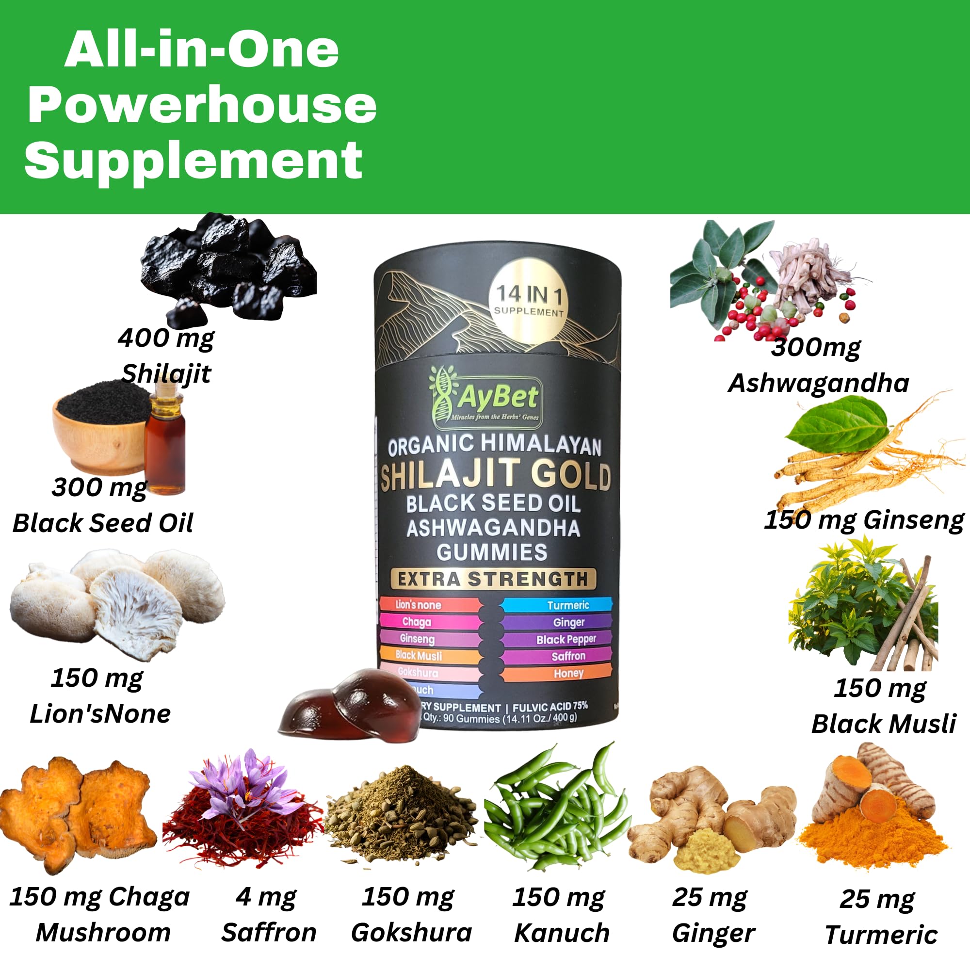 AyBet Organic Himalayan Shilajit Gold Gummies for Men and Women, Black Seed Oil, Ashwagandha, Ginseng, Turmeric, Gokshura, Lion's None, Lab Tested,%75 Fulvic Acid, No Sugar Added, Halal, 90Gummy - TrustMedUSA