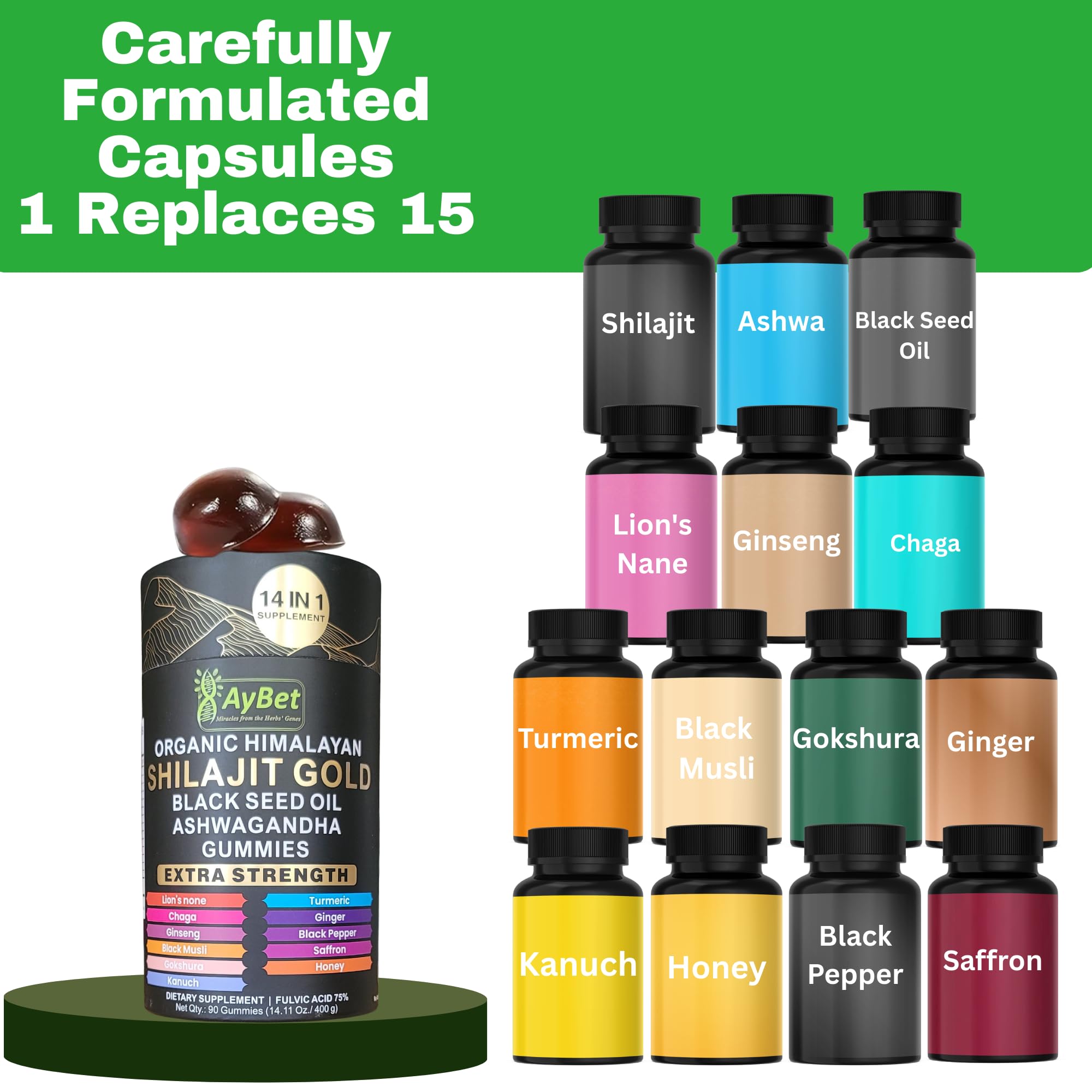 AyBet Organic Himalayan Shilajit Gold Gummies for Men and Women, Black Seed Oil, Ashwagandha, Ginseng, Turmeric, Gokshura, Lion's None, Lab Tested,%75 Fulvic Acid, No Sugar Added, Halal, 90Gummy - TrustMedUSA