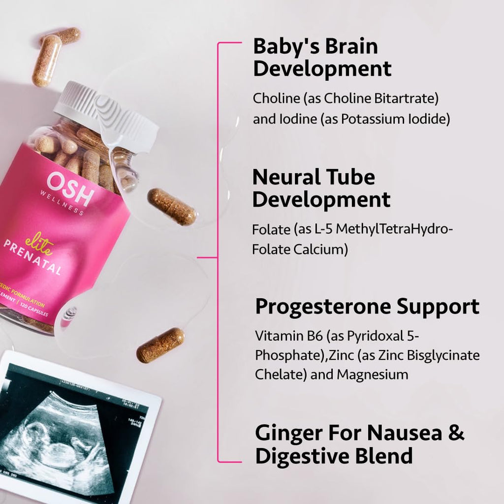 Ayurvedic Elite Prenatal Vitamins with Folate, Choline, Iron, Iodine & more | Made in USA | Optimal Bioavailability | Supports Baby's Growth and Brain Development | 30 Day Supply - OSH Wellness - TrustMedUSA