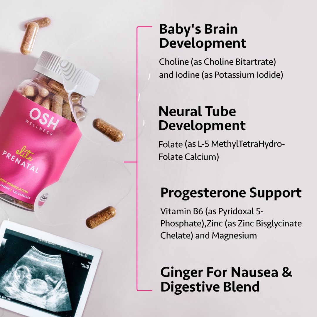 Ayurvedic Elite Prenatal Vitamins with Folate, Choline, Iron, Iodine & more | Made in USA | Optimal Bioavailability | Supports Baby's Growth and Brain Development | 30 Day Supply - OSH Wellness - TrustMedUSA