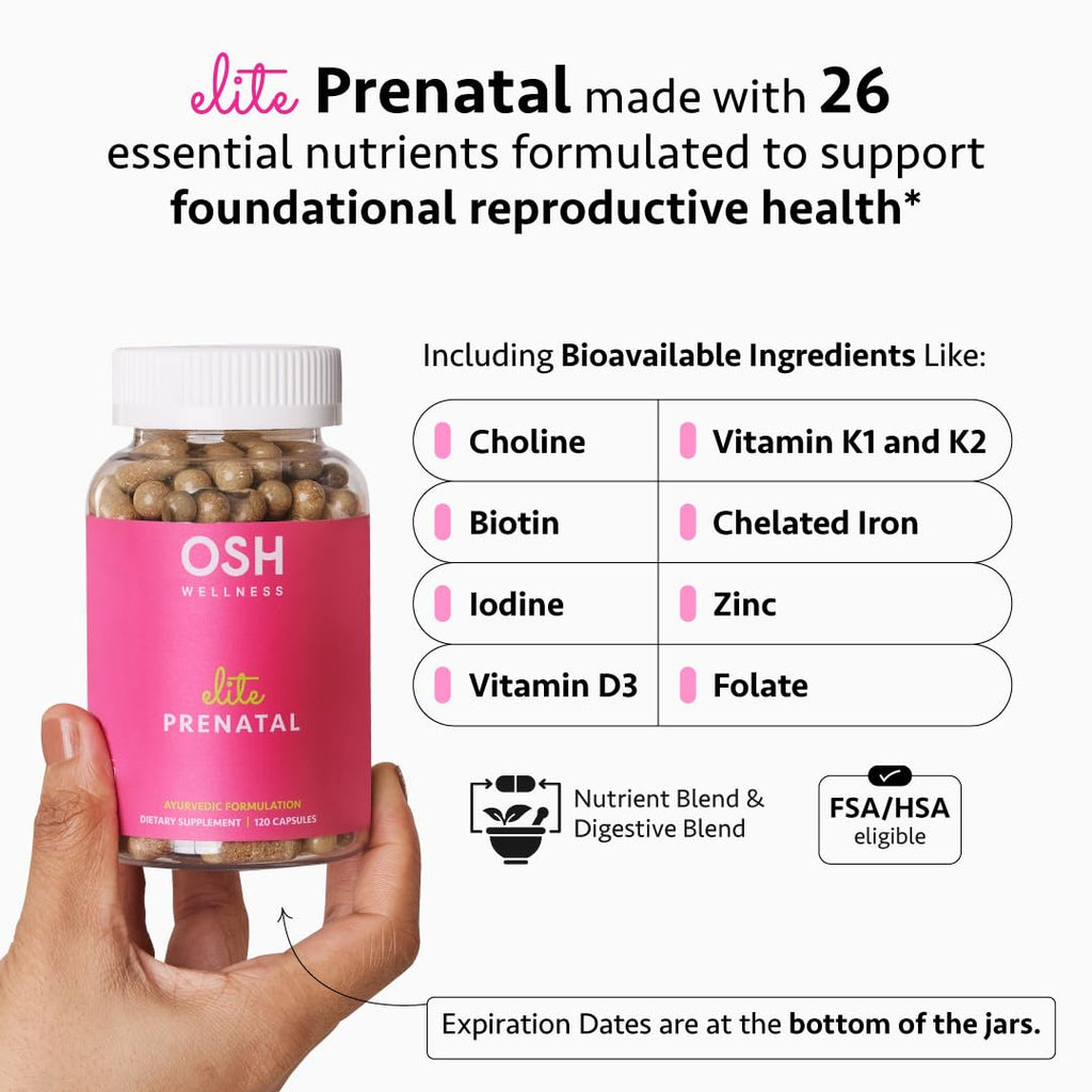 Ayurvedic Elite Prenatal Vitamins with Folate, Choline, Iron, Iodine & more | Made in USA | Optimal Bioavailability | Supports Baby's Growth and Brain Development | 30 Day Supply - OSH Wellness - TrustMedUSA