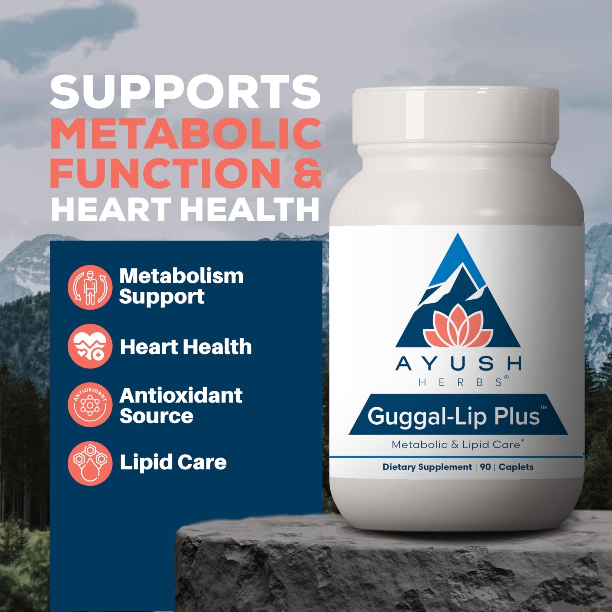 Ayush Herbs Guggal-Lip Plus - Metabolic Vitamins for Women & Men, Daily Pill, Pure & Natural Metabolic Health Supplement with Guggul - 90 Vegetarian Caplets (1 Count) - TrustMedUSA