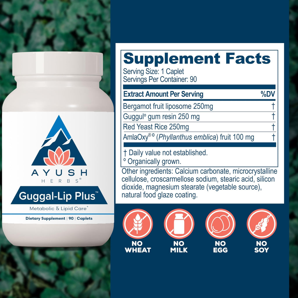 Ayush Herbs Guggal-Lip Plus - Metabolic Vitamins for Women & Men, Daily Pill, Pure & Natural Metabolic Health Supplement with Guggul - 90 Vegetarian Caplets (1 Count) - TrustMedUSA