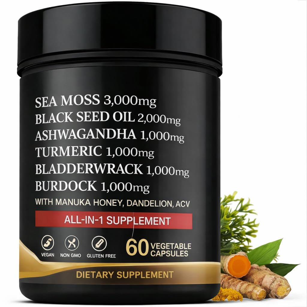 AZ ApexZone True Sea Moss Capsules Black Seed Oil Ashwagandha Burdock Root, Tumeric Supplement with Manuka Honey, Dandelion Root ACV - 60 Capsules - Multi Vitamin - TrustMedUSA