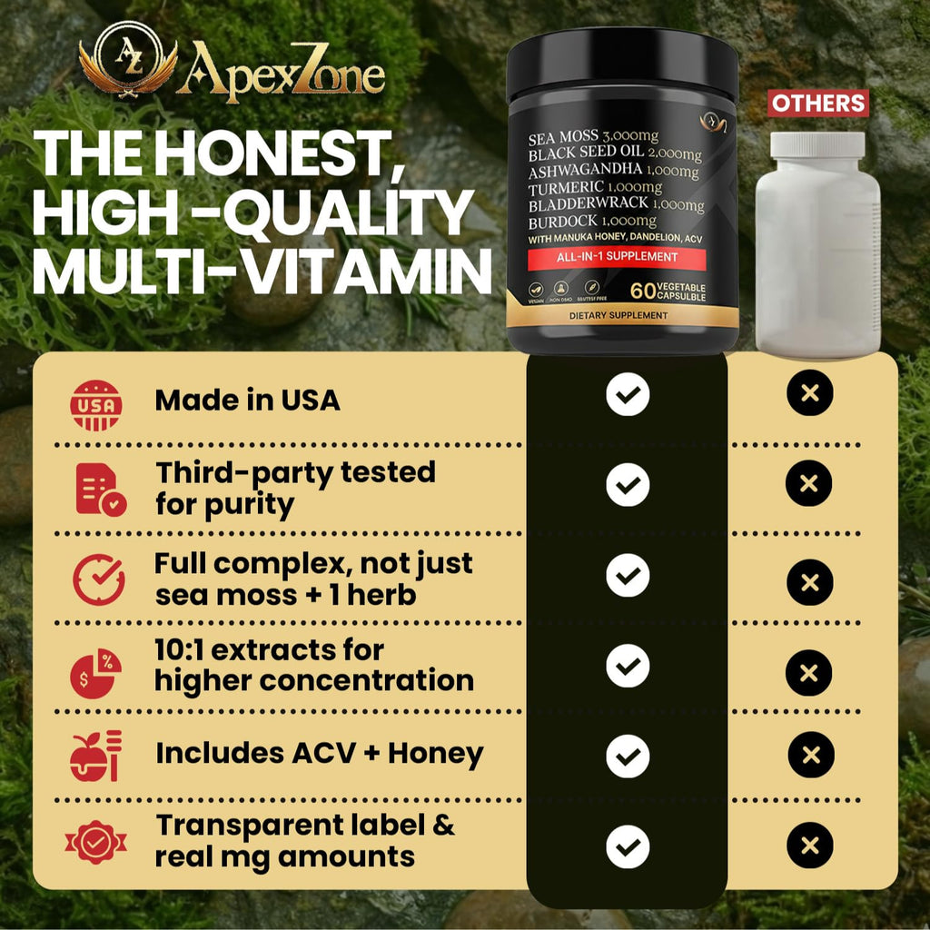 AZ ApexZone True Sea Moss Capsules Black Seed Oil Ashwagandha Burdock Root, Tumeric Supplement with Manuka Honey, Dandelion Root ACV - 60 Capsules - Multi Vitamin - TrustMedUSA