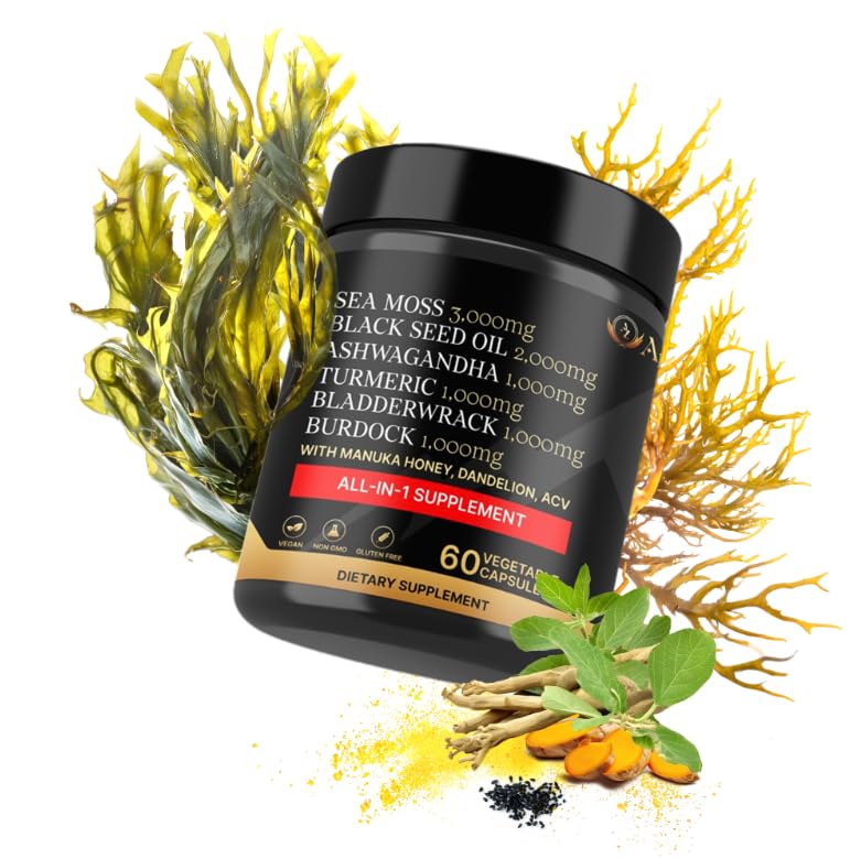 AZ ApexZone True Sea Moss Capsules Black Seed Oil Ashwagandha Burdock Root, Tumeric Supplement with Manuka Honey, Dandelion Root ACV - 60 Capsules - Multi Vitamin - TrustMedUSA