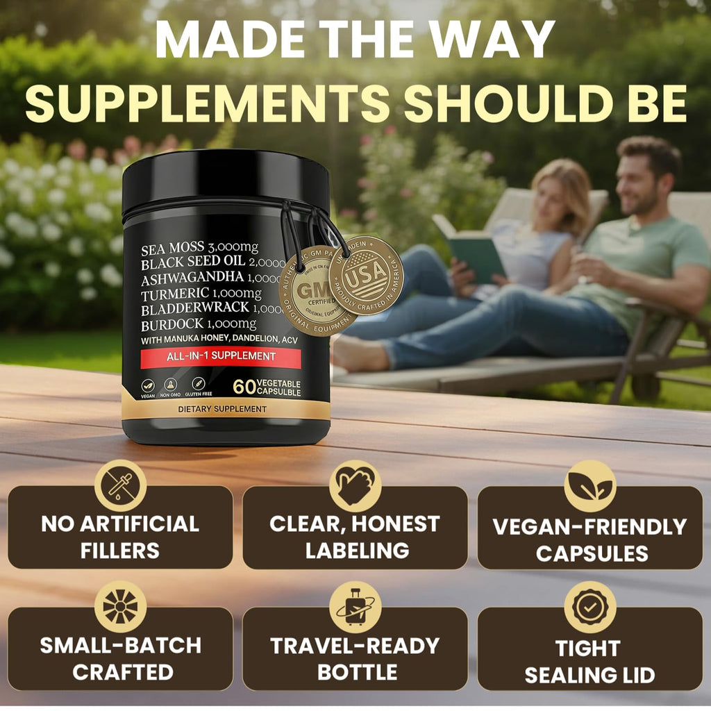 AZ ApexZone True Sea Moss Capsules Black Seed Oil Ashwagandha Burdock Root, Tumeric Supplement with Manuka Honey, Dandelion Root ACV - 60 Capsules - Multi Vitamin - TrustMedUSA