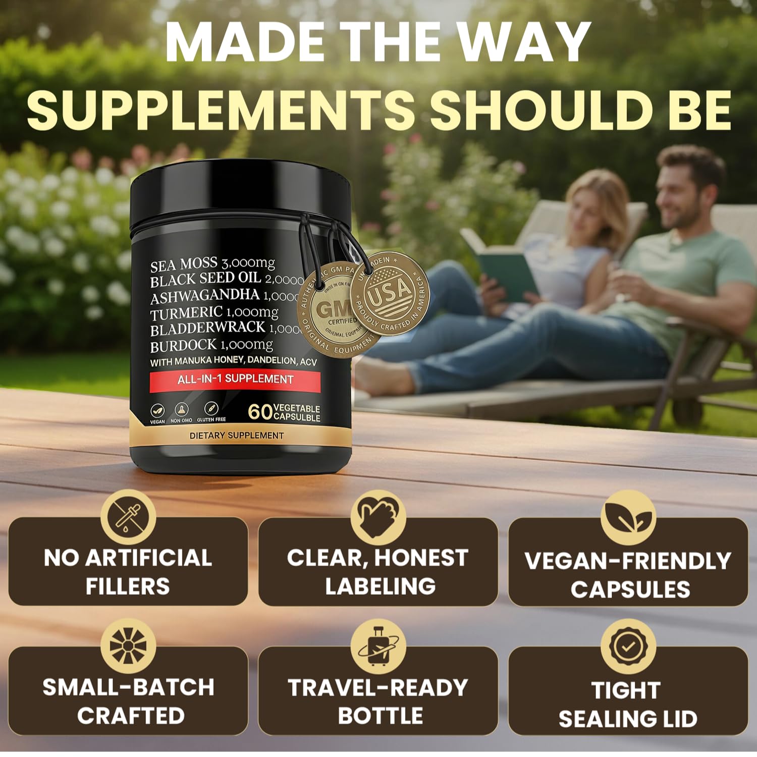 AZ ApexZone True Sea Moss Capsules Black Seed Oil Ashwagandha Burdock Root, Tumeric Supplement with Manuka Honey, Dandelion Root ACV - 60 Capsules - Multi Vitamin - TrustMedUSA