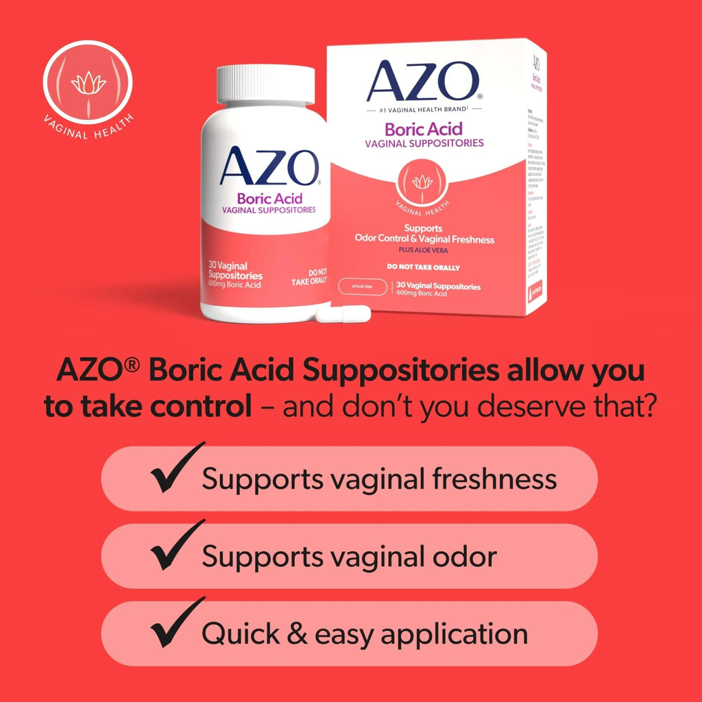 AZO® Boric Acid Vaginal Suppositories for Women, Helps Support Odor Control with Clinically Studied Boric Acid, Non-GMO, 30 Count - TrustMedUSA
