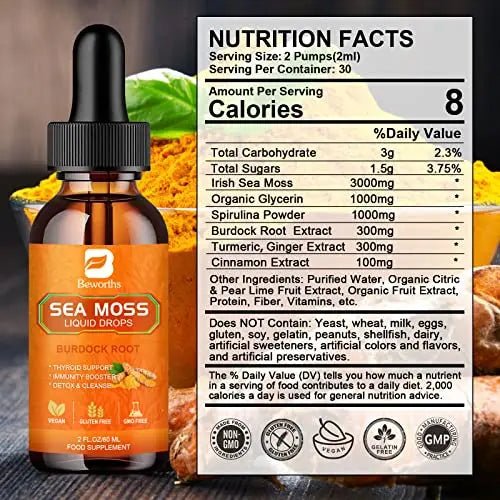 B BEWORTHS Sea Moss Liquid Drops - Organic Irish Sea Moss Raw Gel with Burdock Root - TrustMedUSA