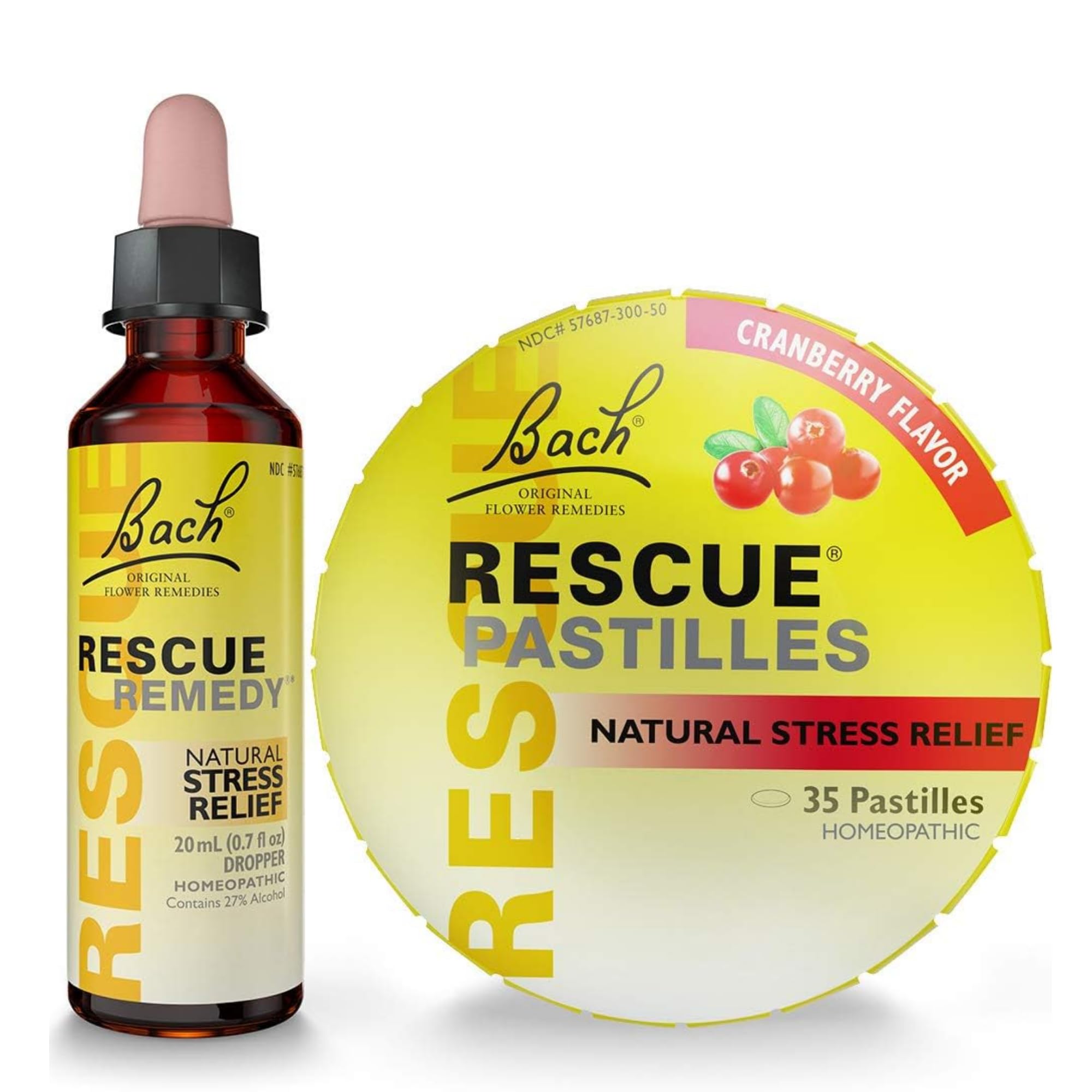 Bach RESCUE PASTILLES, Cranberry Flavor, 35 Count, and Bach 20mL Dropper, Natural Stress Relief, Homeopathic Flower Remedy, Vegetarian, Gluten and Sugar-Free, 35 Count - Maple Wellness Supplements