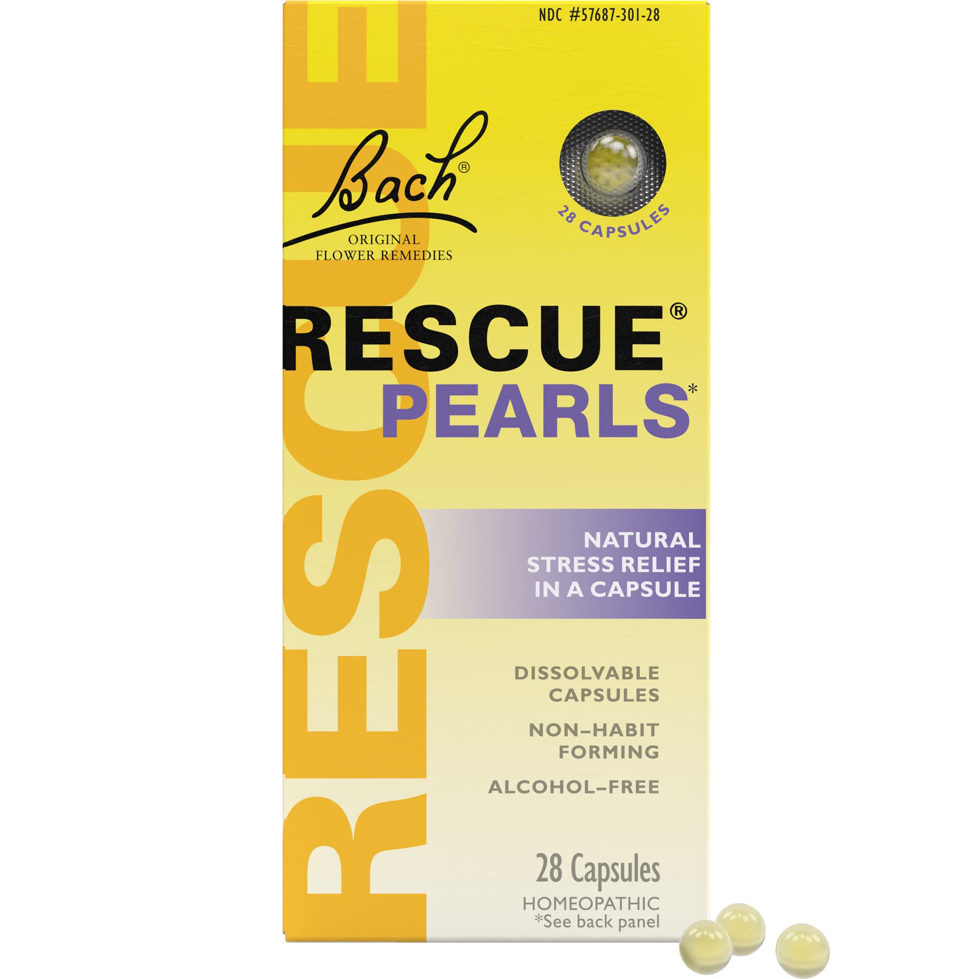 Bach RESCUE PEARLS, Natural Orange Vanilla Flavor, Natural Stress Relief, Homeopathic Flower Essence, Quick-Dissolve, Gluten & Sugar-Free, 28 Count - Maple Wellness Supplements