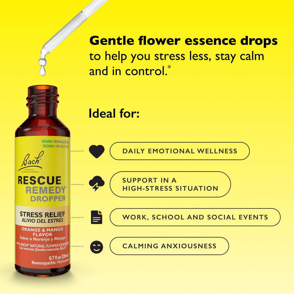 Bach RESCUE Remedy, Orange Mango Flavor, Stress Relief, Homeopathic, Flower Essences, 20mL - Maple Wellness Supplements