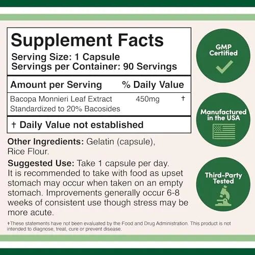 Bacopa Monnieri Capsules 20% Bacosides 450mg, 90 Count (Manufactured in USA - TrustMedUSA